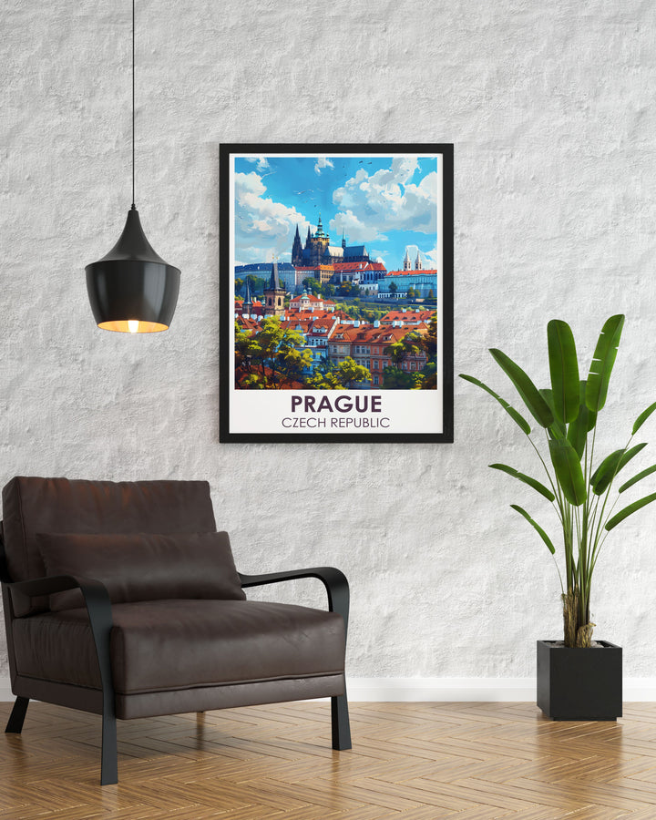 Discover the magic of Prague with this beautiful Prague Travel Poster. The detailed Czech Republic Print captures the essence of the citys rich cultural heritage, making it a perfect piece for your Prague Wall Art collection and home decor.