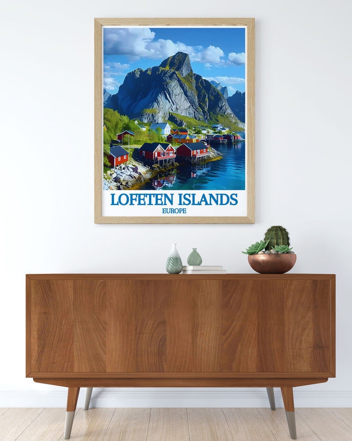 Canvas art print of the Lofoten Islands, Norway, highlighting the stunning scenery of Hamnøy. The artwork features the majestic mountains, the calm fjord, and the quaint fishing village, offering a beautiful depiction of Norways natural beauty. The vibrant colors and fine details bring the landscape to life, making this canvas art a perfect addition to any home decor.