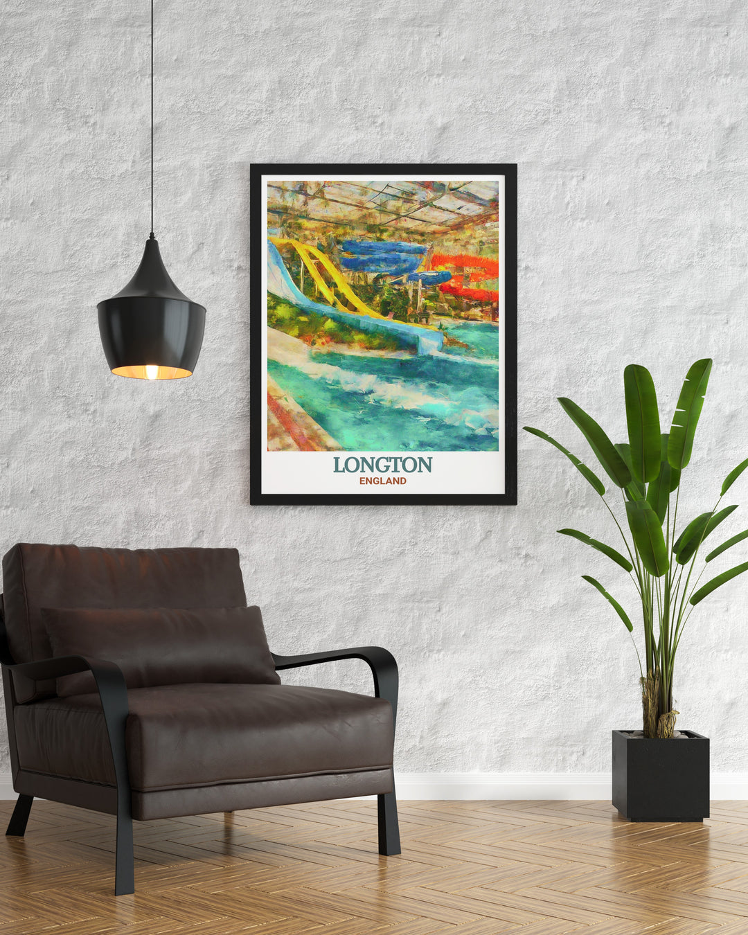 Waterworld canvas print highlighting the thrill and excitement of this famous Stoke on Trent water park. Perfect for families or fans of fun, this travel print captures the essence of Waterworld and brings it into your home. Bright and lively, its a must have for any travel art collection.