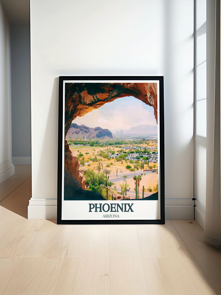 Phoenix Travel Poster highlighting the striking desert views of Papago Park and the ancient Hole in the Rock. This framed art captures the natural majesty of Arizonas landscapes, ideal for anyone who loves adventure and the outdoors.