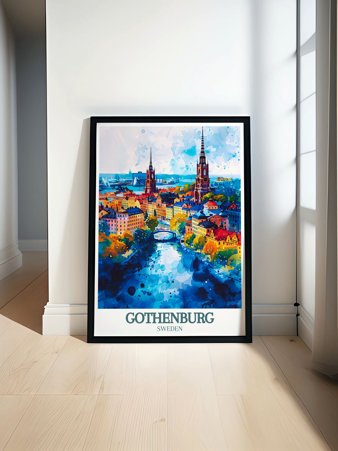 This travel poster of Gothenburg features the citys picturesque canals and historic landmarks, offering a beautiful representation of Swedens urban charm. Ideal for travelers and art lovers, this piece brings the essence of Gothenburg into your living space.