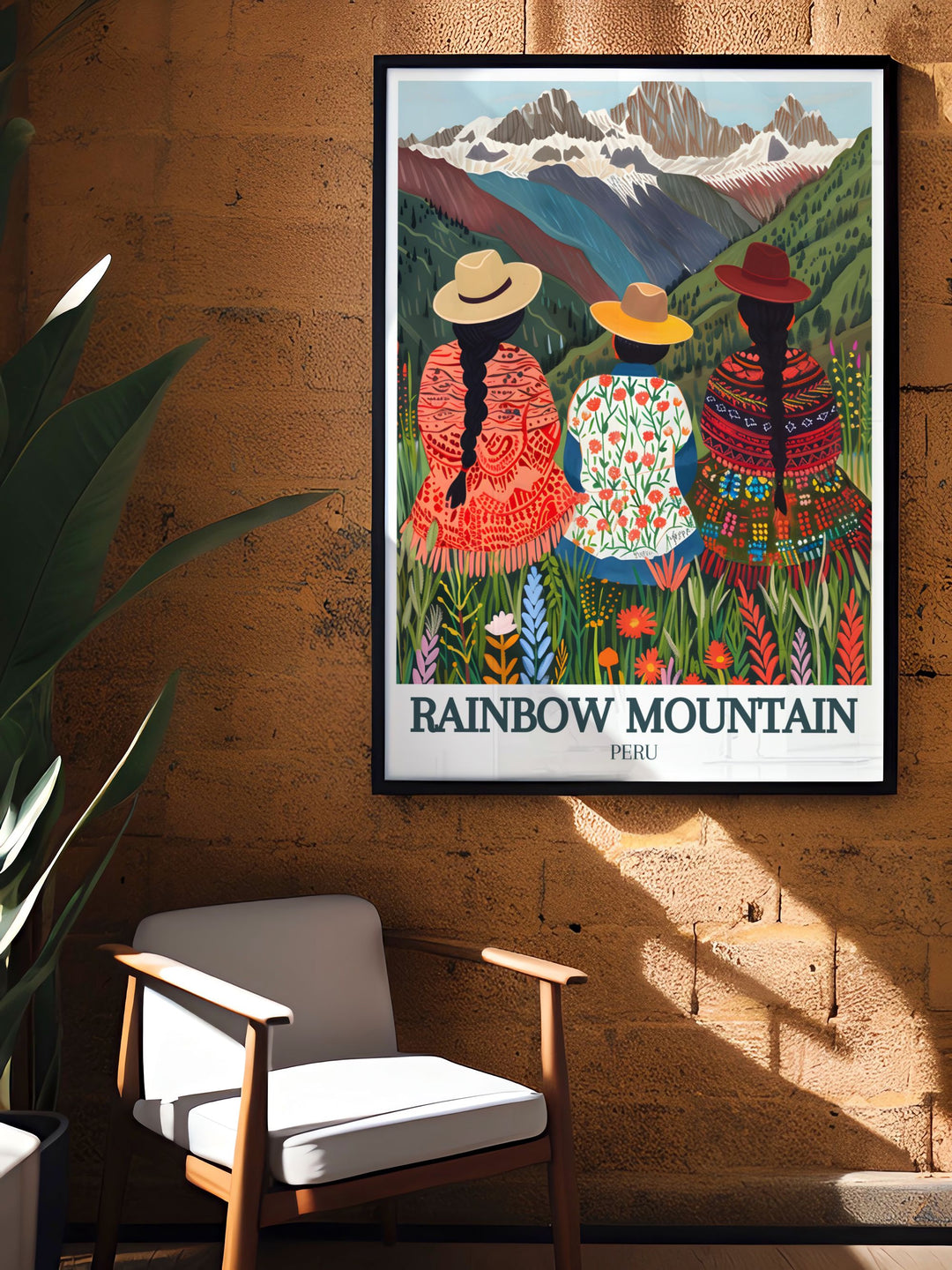 Elegant Rainbow Mountain art print showcasing the breathtaking colors and cultural richness of Quechua people Andes Mountains perfect for modern decor and unique wall art.