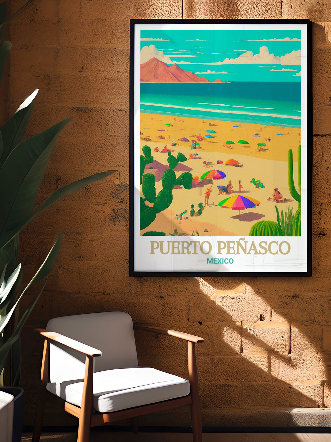 Custom print of Playa Bonita focusing on the serene landscape of Puerto Peñascos most beloved beach. Ideal for those who appreciate coastal art, this print brings the calming essence of the ocean into any space.