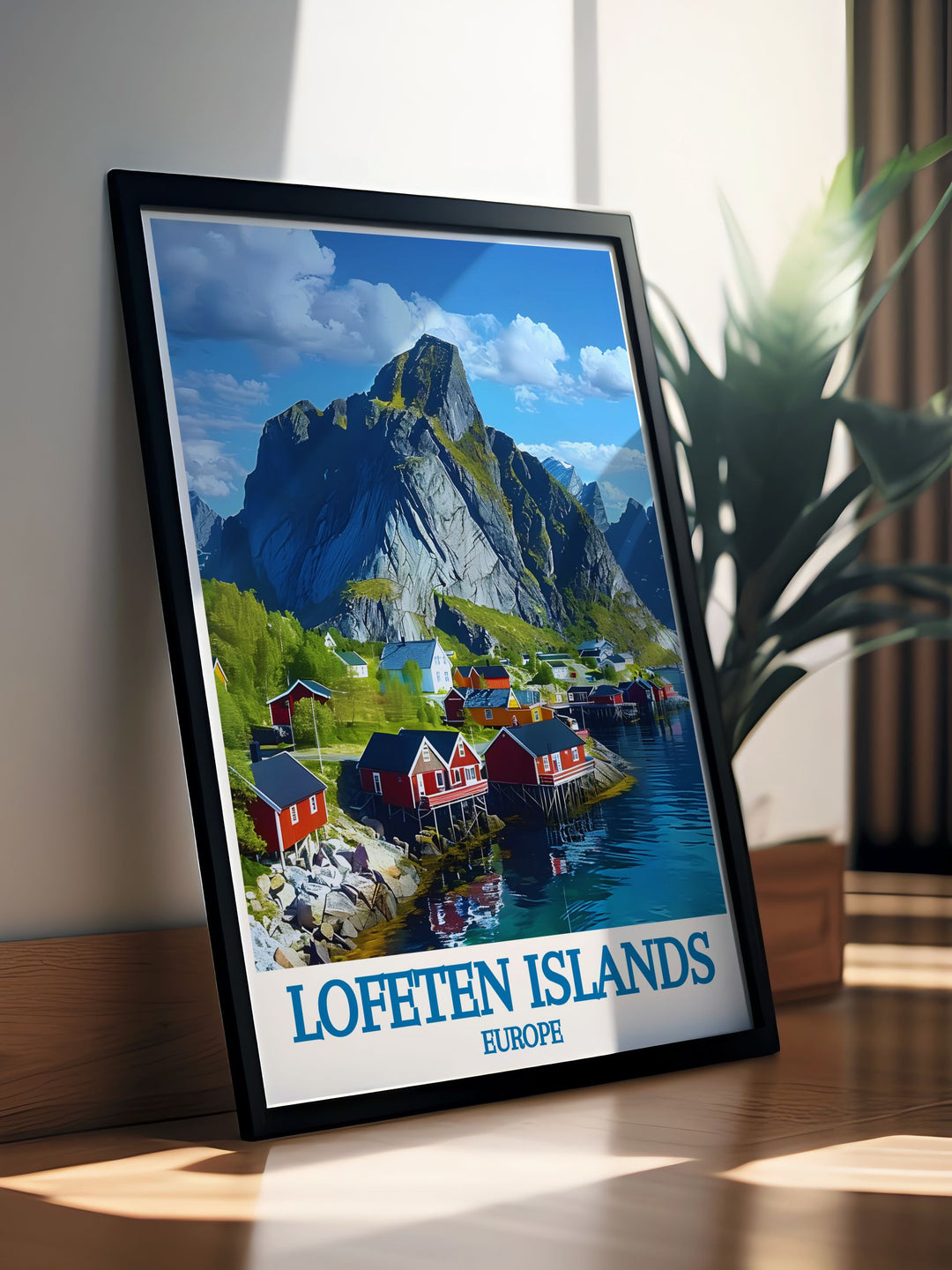 Travel poster of the Lofoten Islands, Norway, showcasing the picturesque village of Hamnøy. The poster captures the serene beauty of the red cabins, the dramatic mountain backdrop, and the clear waters of the fjord, inviting you to explore Norways coastal wonderland. The detailed illustration and vibrant colors make this travel poster a captivating piece of art.