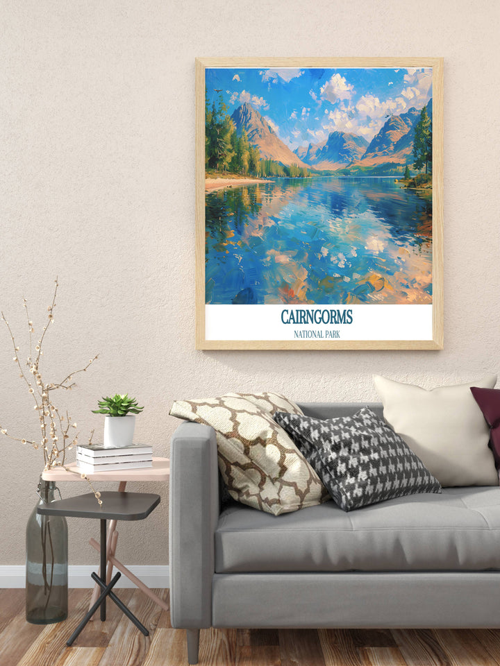 Loch Morlich Travel Poster highlighting the tranquil waters and scenic surroundings. Ideal for wall art and gifts, this print brings the serene landscape of the Scottish Highlands into your home.