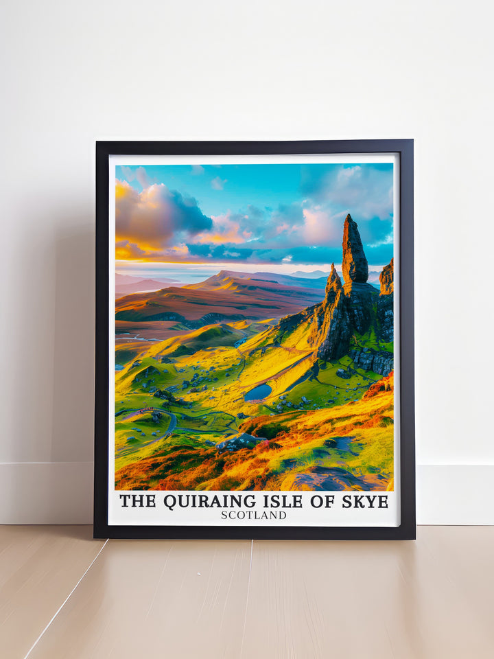 Scenic National Park poster of The Quiraing with The Needle and Trotternish Ridge showcasing the natural beauty of Scotlands highlands and inviting exploration and adventure into your home with its detailed and inspiring design.