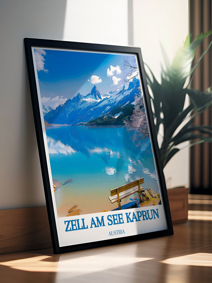 A stunning fine art print showcasing the breathtaking scenery of Zell am See Kaprun, Austria. The artwork captures the snow capped peaks, serene lake, and charming village, making it a perfect piece for those who love the beauty and tranquility of the Alps. The vibrant colors and intricate details bring the alpine landscape to life, inviting you to immerse yourself in the serene and picturesque setting of Zell am See.