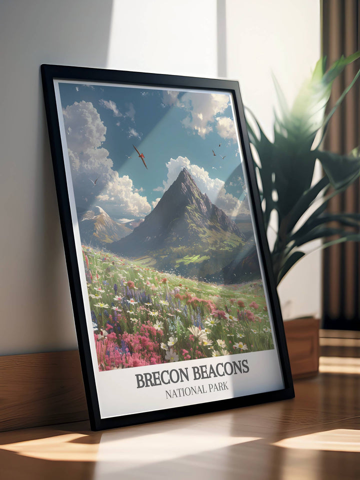 Stunning Brecon Beacons Print showcases the beauty of Pen y Fan and the Black Mountains. This retro tourism print is perfect for adding a touch of nostalgia to your home while maintaining a modern aesthetic with elegant home decor.