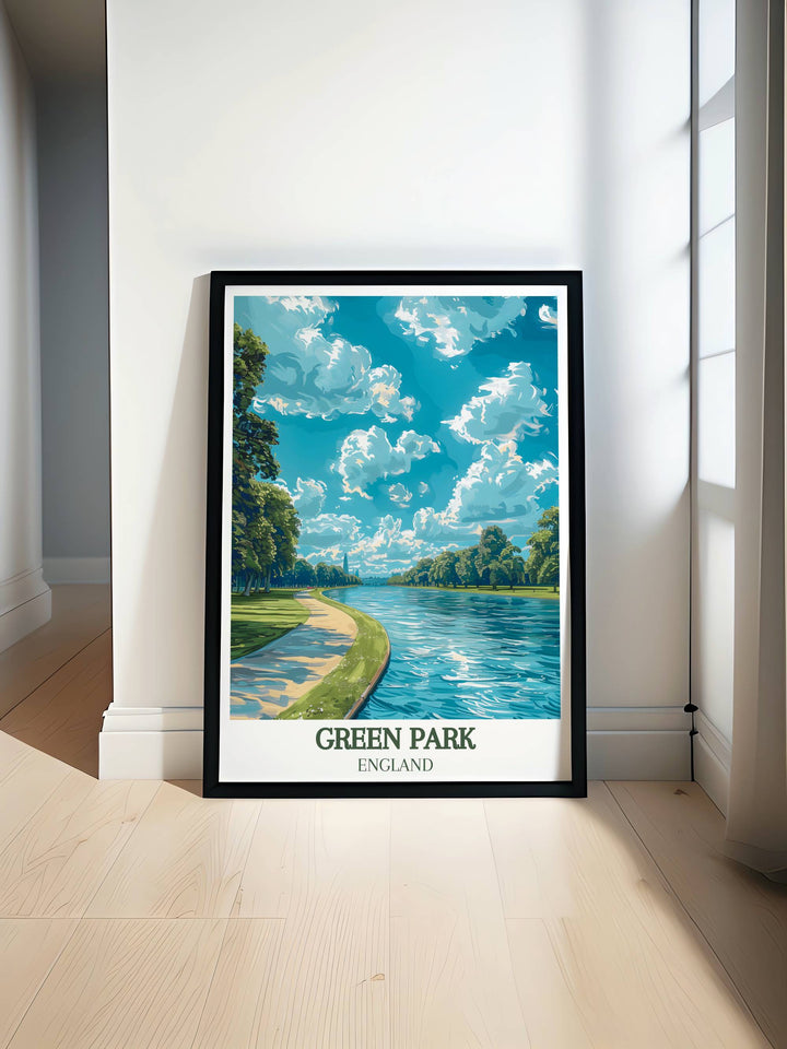 Scenic poster of Green Park London showcasing the lush greenery and peaceful paths, including the Princess of Wales Memorial Walk, ideal for London wall art and home decor enthusiasts seeking elegant and historical artwork.