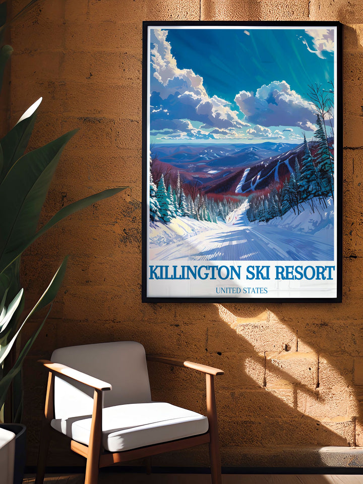 Beautiful winter artwork of Killington Peak with its snow covered slopes and skiers in action. The image reflects the energy of winter sports and the scenic charm of the alpine environment, perfect for decorating spaces with a love for skiing and snowy adventures.