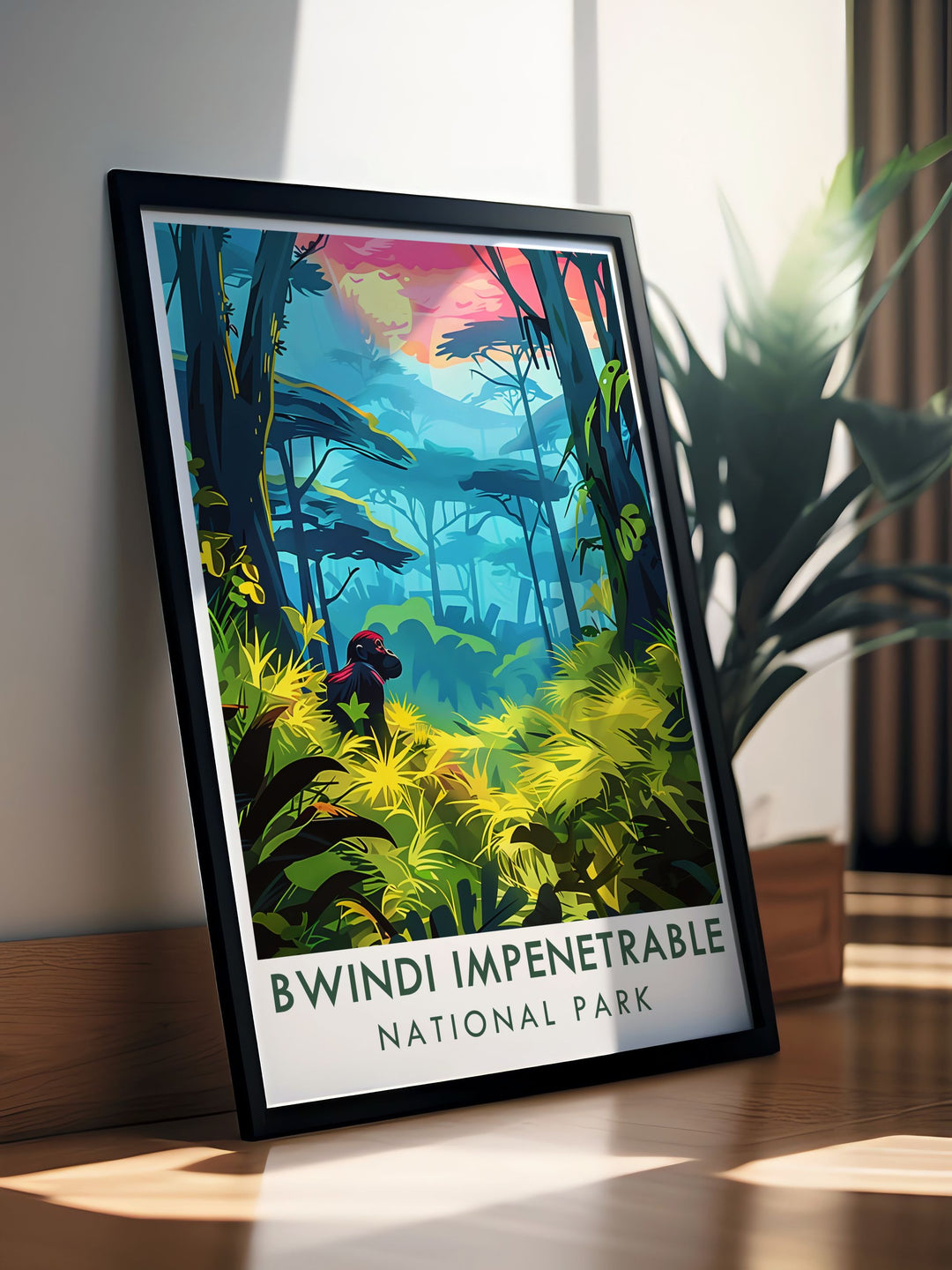 The vibrant landscapes and unique wildlife of Bwindi Impenetrable National Park are depicted in this travel poster, perfect for bringing the essence of Ugandas natural wonders into your living space.