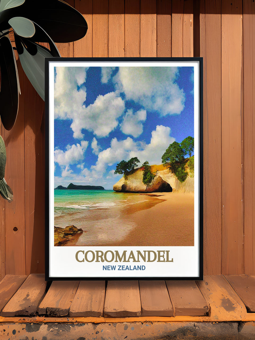 New Zealand travel poster featuring Cathedral Cove, highlighting the dramatic rock formations, crystal clear waters, and serene environment of Coromandel, ideal for bringing a sense of adventure and tranquility into your living space.