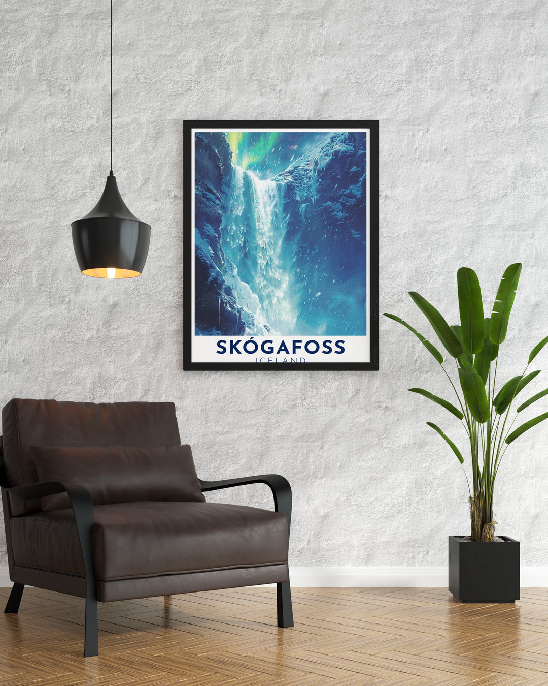 Captivating Skogafoss Waterfall Poster Print offering a detailed depiction of Icelands majestic waterfall with its dynamic flow of water and rugged cliffs bringing a piece of Icelands natural splendor into your home as Waterfall Stunning Prints and Elegant Home Decor