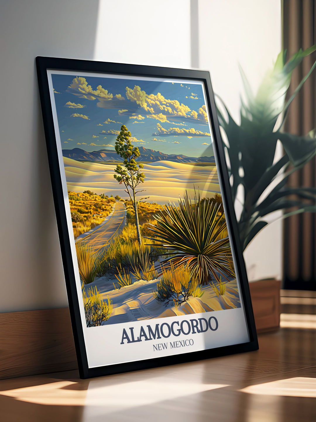 Stunning Alamogordo art print featuring White Sands National Park and Tularosa Basin ideal for adding southwestern charm to your home decor perfect as a gift or personal addition to any living space with vibrant colors and breathtaking views.