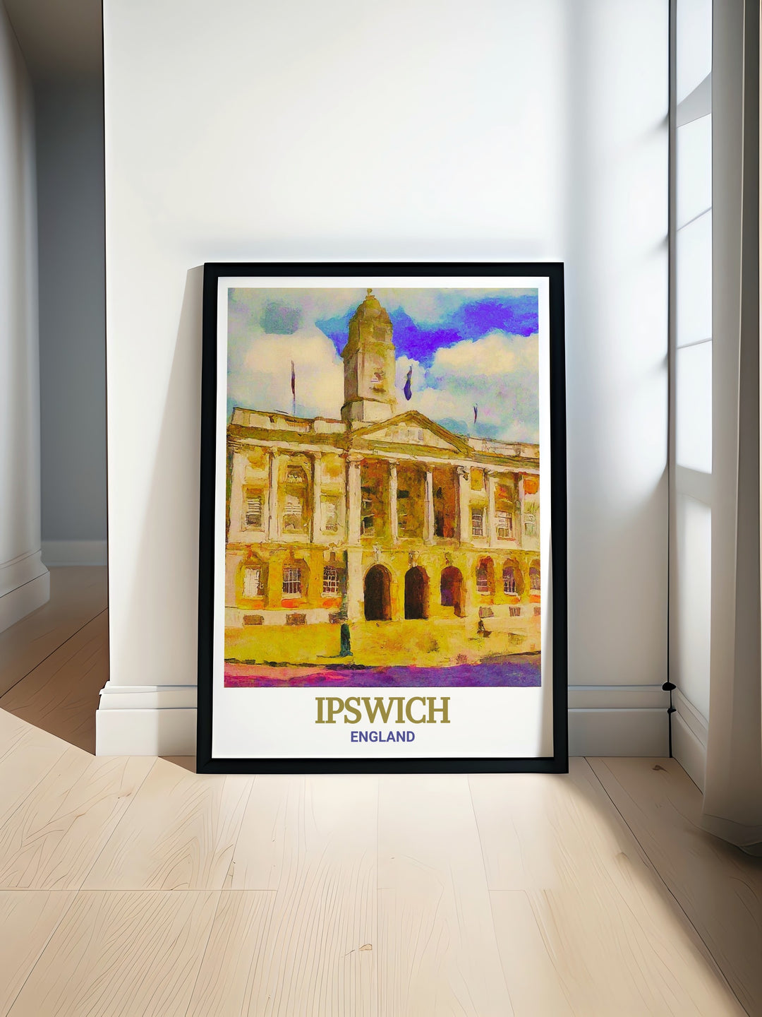 Ipswich Town Hall modern prints bring a touch of elegance and history into any space making it an ideal piece of wall decor for those who appreciate England wall art and want to showcase the beauty of this iconic UK landmark in their home.