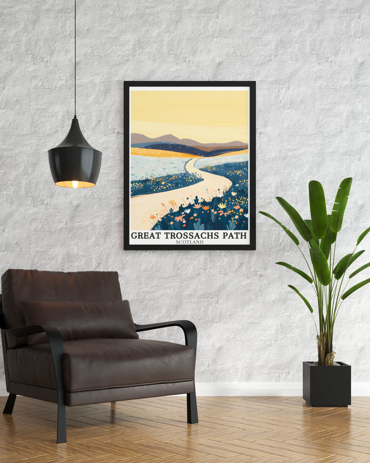 Trossachs mountains scenic prints. Capturing the majestic beauty of the Trossachs mountains, these scenic prints showcase the iconic landscapes along the Great Trossachs Path. Ideal for adding a touch of natural splendor to your home decor.