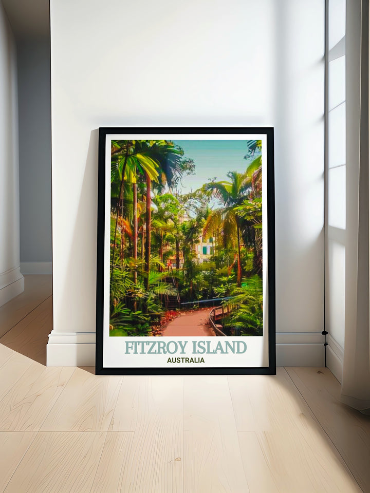 Fitzroy Island poster print showcases the islands tropical beauty, featuring the tranquil Secret Garden Walking Trail. This Australia travel print brings the lush rainforest and serene landscapes of Fitzroy Island into your home, perfect for nature lovers and adventure seekers.