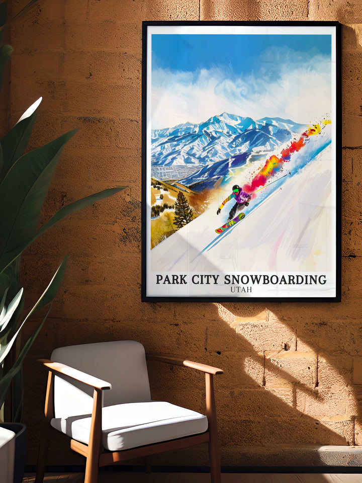 Park City snowboarding art. Capturing the thrill of Park City Mountain Resorts Wasatch Range, these prints bring the excitement of snowboarding into your home. Perfect for winter sports enthusiasts and decor lovers alike.