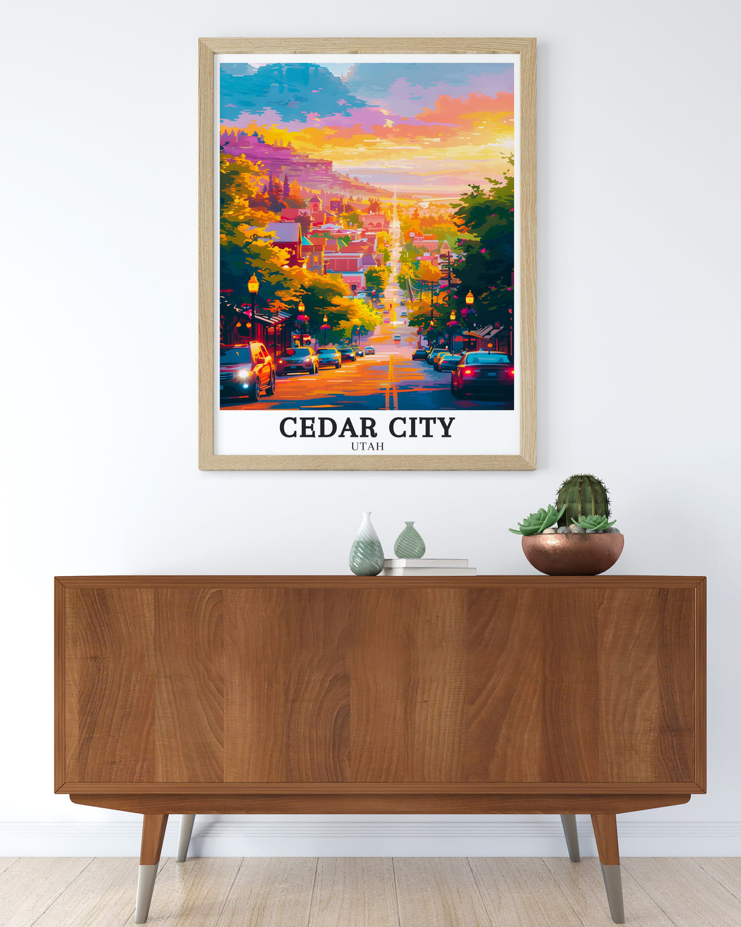 High quality art print of Center Street Cedar City Historic District bringing a touch of Utahs history into your home this piece is ideal for enhancing living spaces with its vibrant colors and detailed portrayal of Cedar City