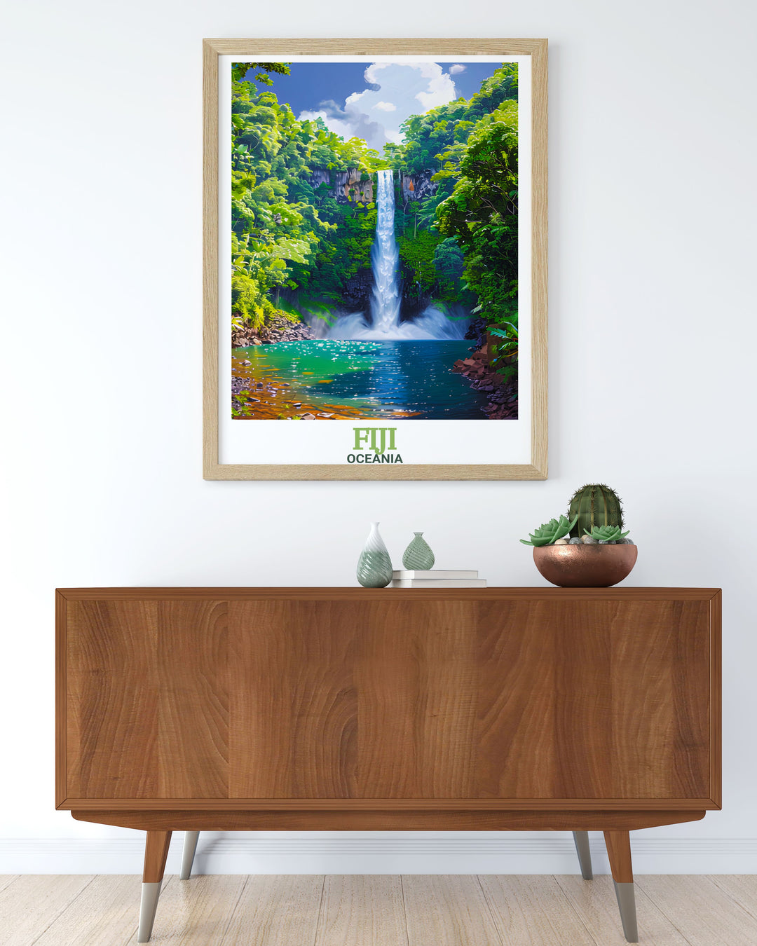 Bouma National Heritage Park travel poster showcasing Fijis lush rainforests and majestic waterfalls perfect for adding a touch of tropical elegance to any space. This Fiji print brings the beauty of Bouma National Heritage Park to your walls.