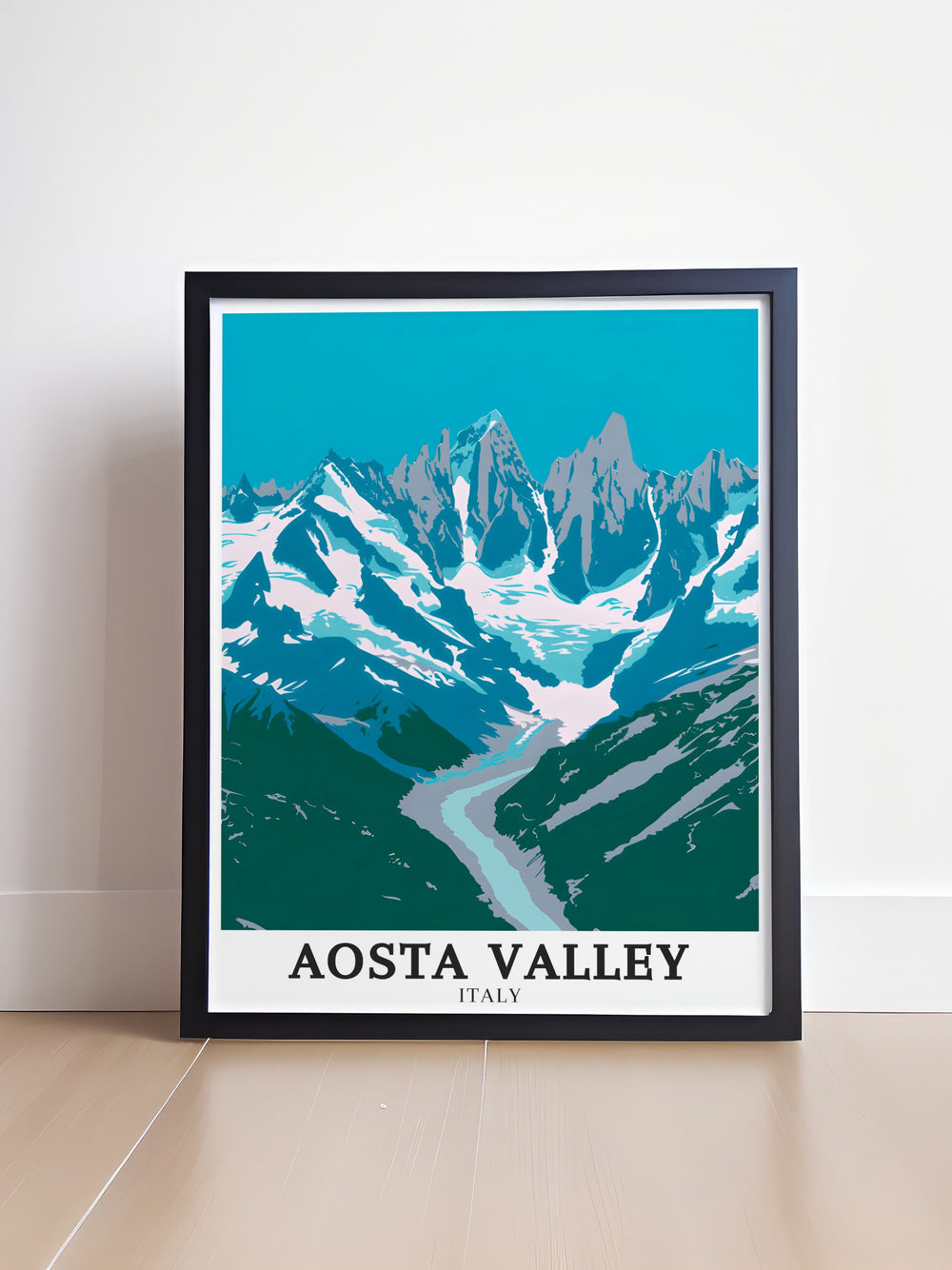 A framed art piece featuring Aosta Valley, Mont Blanc, and the Matterhorn, celebrating the natural and cultural heritage of the Italian Alps. This Italy wall decor is designed to capture the imagination and bring the beauty of these iconic locations into your home.