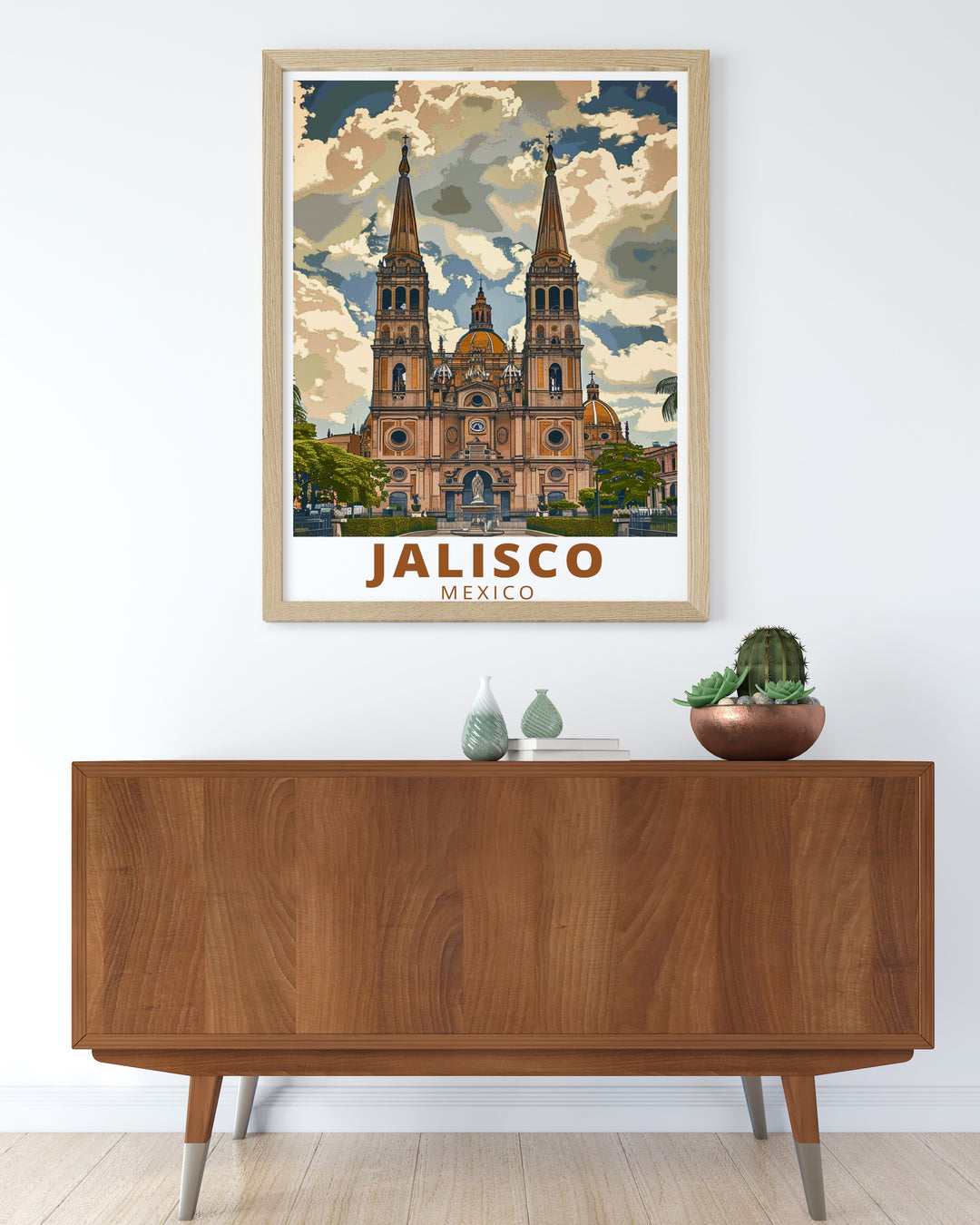 This stunning art print of Jalisco captures the grand Guadalajara Cathedral and the vibrant life of Mexico. Ideal for travel lovers and art collectors, this poster brings a touch of Mexican history and culture to your walls with its vibrant colors and intricate design.