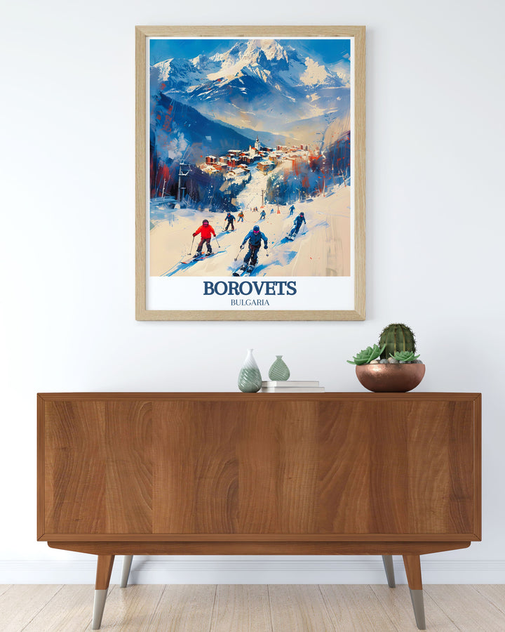 Elegant Borovets wall art depicting the bustling ski resort and the stunning Musala Peak, showcasing the regions winter sports culture and natural tranquility. Perfect for adding sophistication to any room.