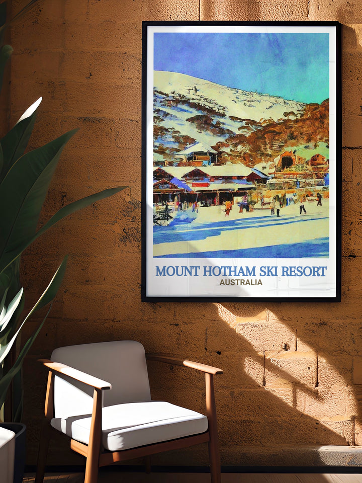 Bring the beauty of Australias Victorian Alps into your home with this Mount Hotham travel poster, featuring the iconic Hotham Alpine Village and the surrounding snowy peaks. A perfect gift for those who love skiing and the outdoors.