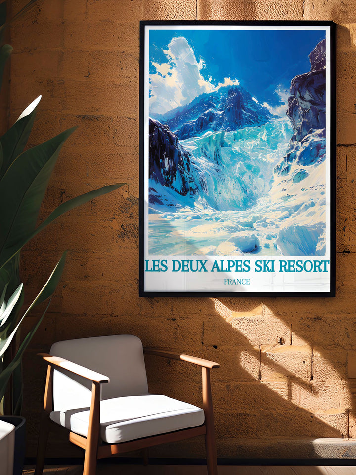 Showcasing both Les Deux Alpes and The Glacier, this travel poster captures the essence of the French Alps winter charm, perfect for enhancing your living space with a touch of mountain magic.