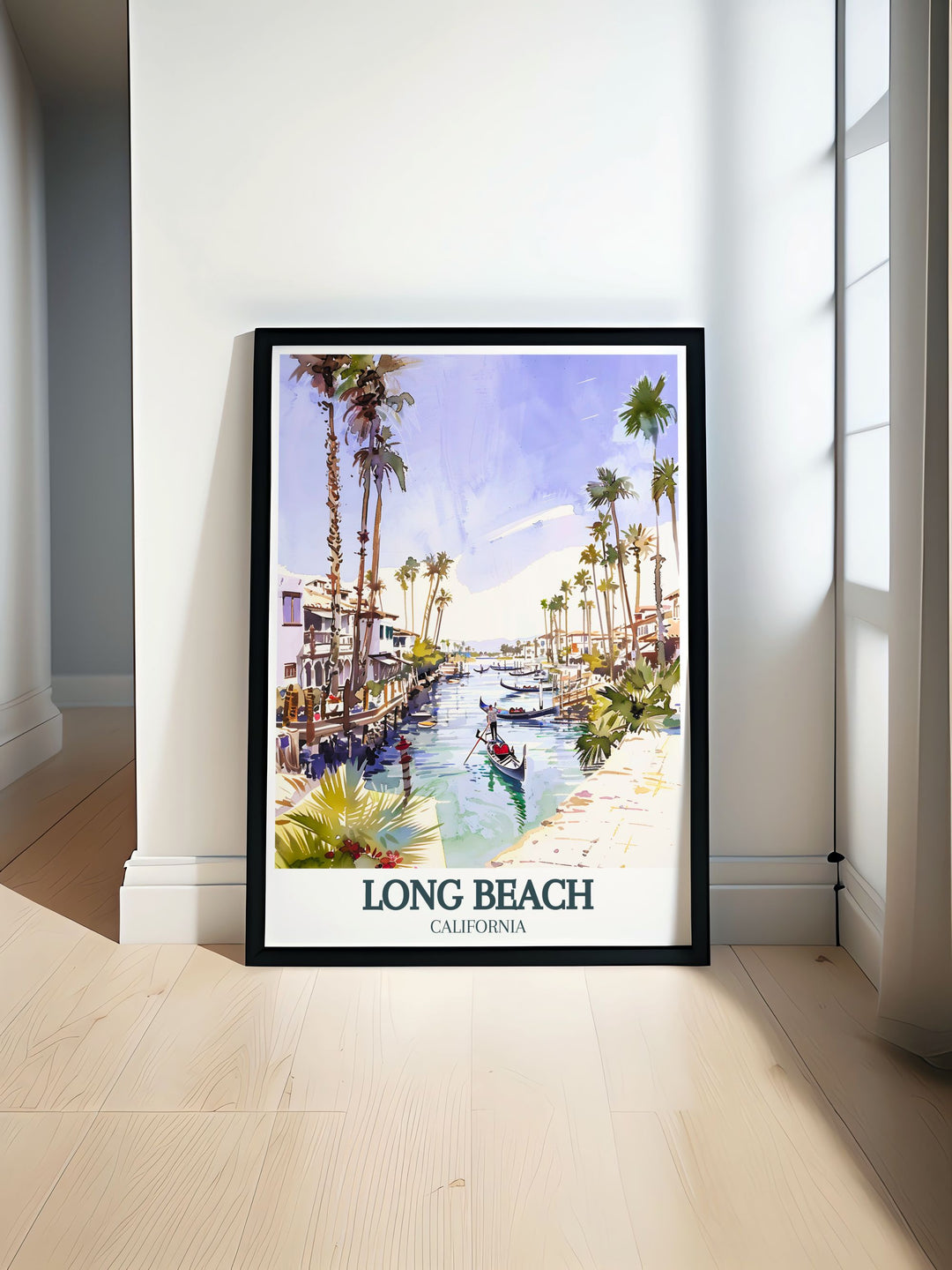 Belmont Shore and Naples Canals artwork offers a vibrant Long Beach Poster Print featuring the iconic California skyline and Long Beach City Map. Perfect for modern decor, personalized gifts, and adding a unique touch to your living room with stunning color palette.