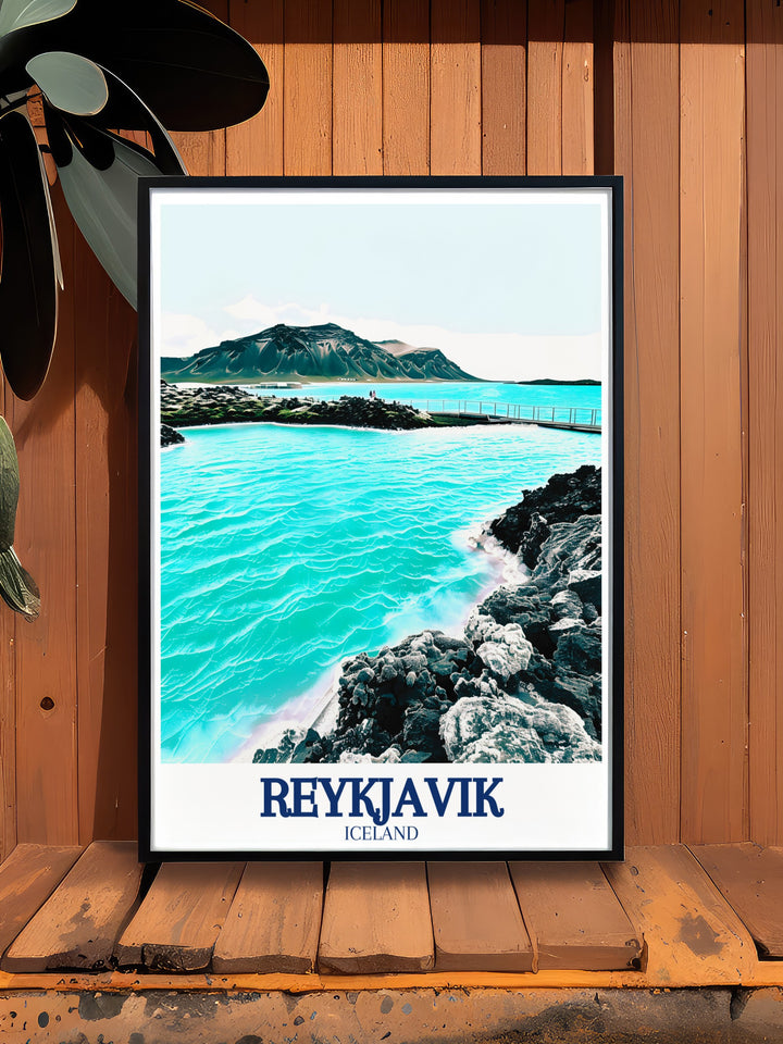 Reykjavik travel poster highlighting the unique blend of history, culture, and natural beauty in Icelands capital. This vintage inspired wall art captures the essence of Reykjavik, making it a perfect piece for any Nordic themed room.