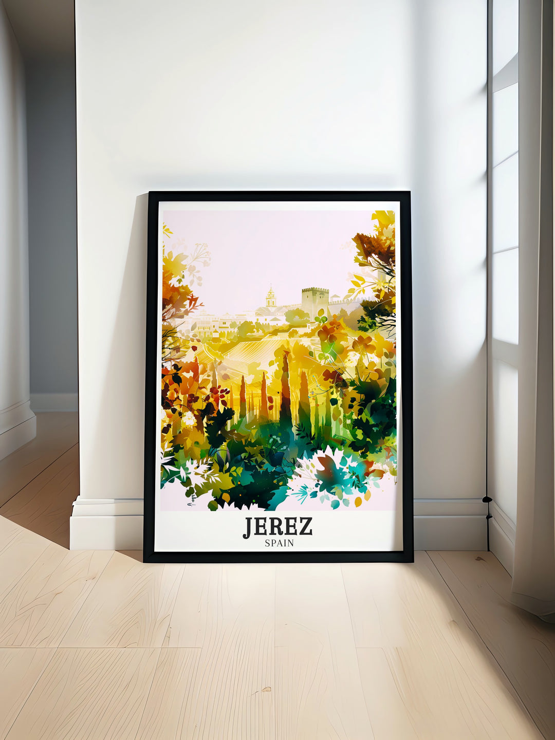 Sherry Triangle wall poster capturing the essence of Jerezs cultural and historical significance. This print brings to life the citys role in Spains wine heritage, featuring the Alcázar de Jerez fortress, a true symbol of Andalusian pride and history.