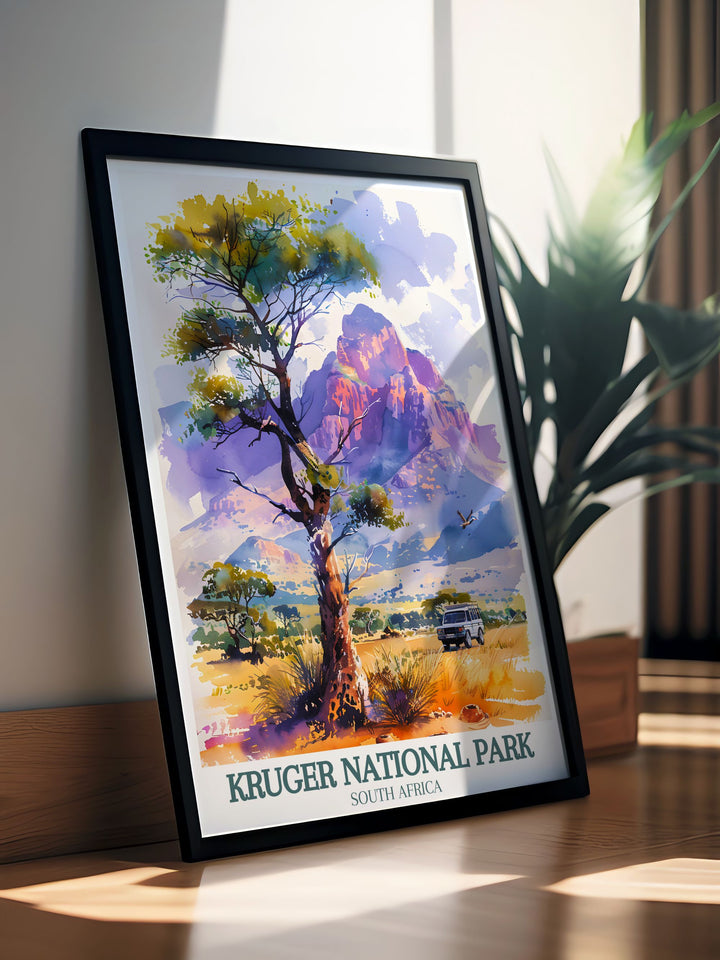 Showcasing the historical richness of the African savannah, this travel poster features iconic wildlife and open landscapes. Ideal for history enthusiasts, this piece brings the fascinating history of Africas wilderness into your home.