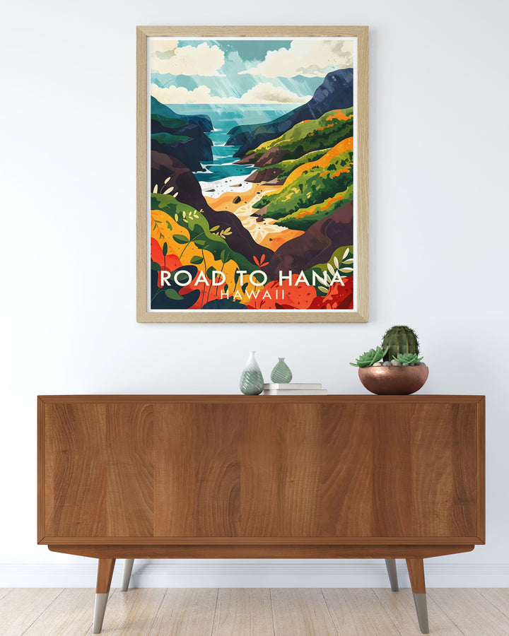 Road to Hana art print highlighting the vibrant colors and stunning views along this famous Hawaiian route. Wainapanapa State Park framed prints offer a beautiful representation of this serene park, making them ideal for modern home decor.