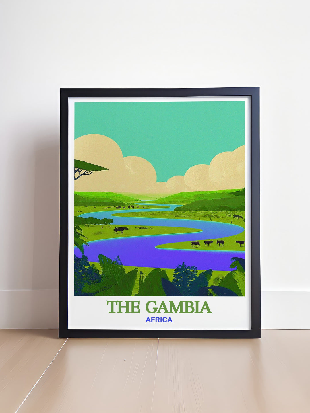 The Gambia wall art showcasing River Gambia National Park. A detailed fine line print that highlights the intricate beauty of this iconic landmark. Perfect for adding a touch of exotic elegance to your living space, celebrating the rich flora and fauna of The Gambia.