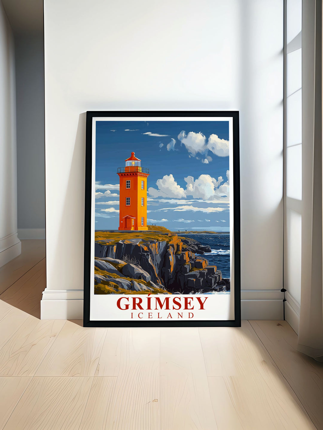 This travel poster of Grimsey Island, Iceland, features a vibrant depiction of the Northern Lights, with detailed illustrations of the islands coastline and night sky, making it perfect for home decor.
