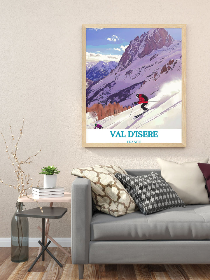 Highlight the majestic slopes of Val dIsere with this vibrant travel poster, showcasing the famous La Face de Bellevarde.