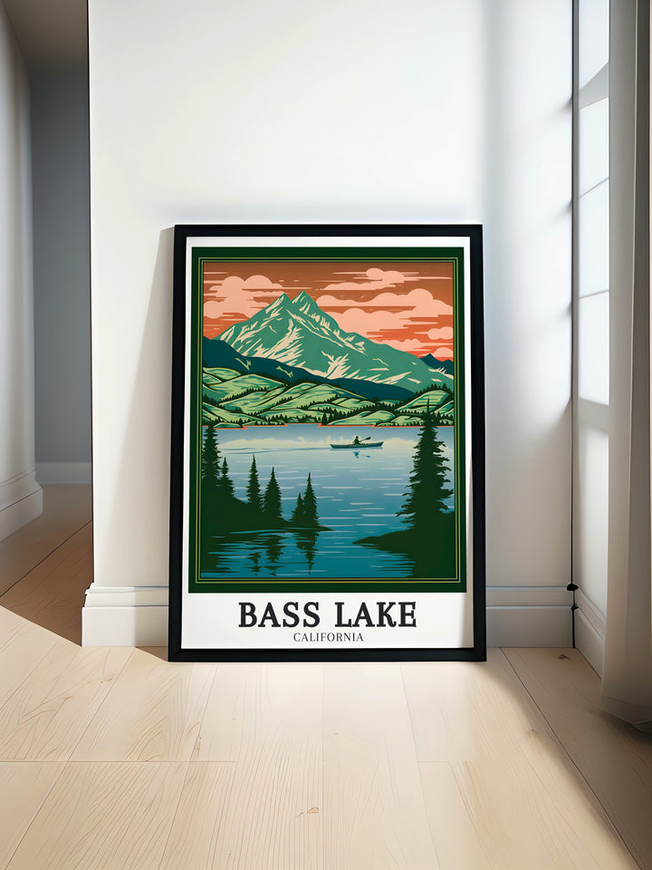 Bass Lake Travel Poster showcasing the serene landscapes of Sierra National Forest Madera County featuring tranquil waters and lush redwoods perfect for any Yosemite California or USA travel enthusiast adding natural beauty to your home with this vintage print.