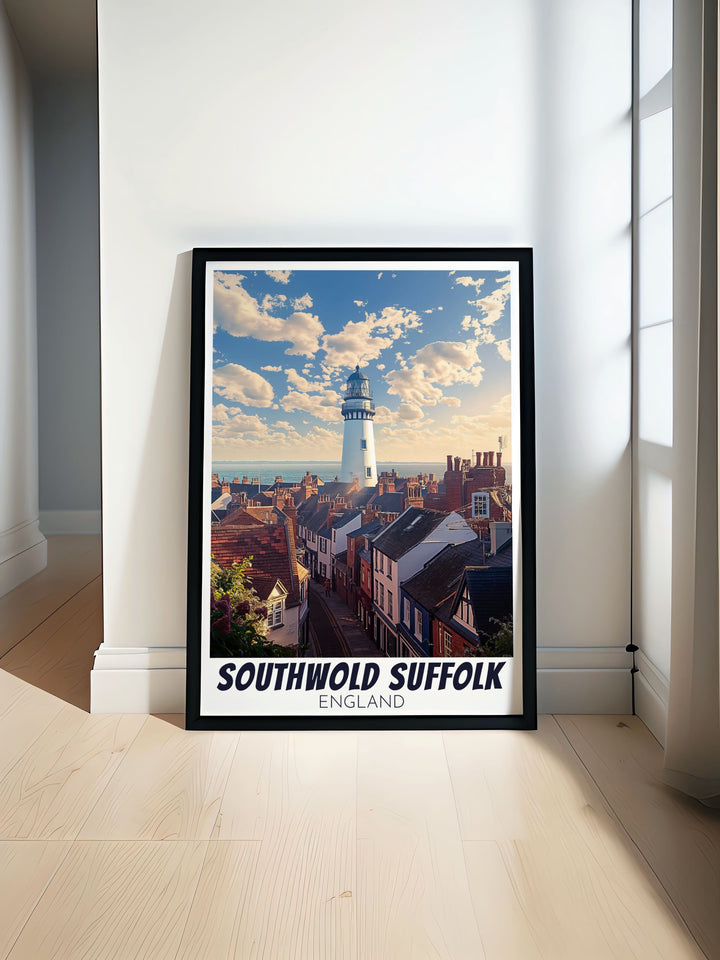 Southwold Poster featuring the iconic SouthwoldLighthouse with vibrant beach huts and the picturesque Southwold Pier perfect for enhancing your home decor and bringing a touch of Suffolks coastal charm to any room ideal for UK travel enthusiasts and seaside art lovers