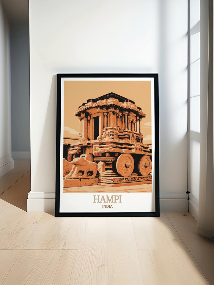 Elegant art print of Hampis Vijaya Vittala Temple, featuring the serene architecture and historical landmarks. This artwork brings the enchanting beauty of Hampi into your home, ideal for those who appreciate cultural and historical art.