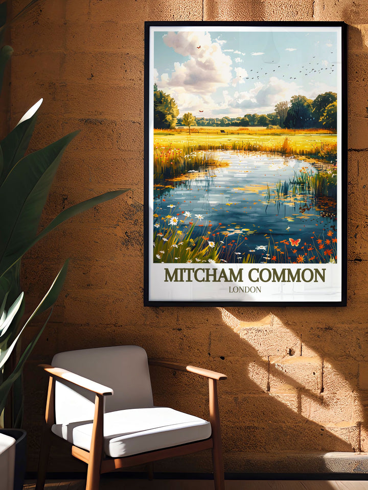 Discover the charm of Mitcham common pond with our London travel poster perfect for any art collection these prints highlight the natural beauty and calm waters of this hidden South London treasure ideal for enhancing your home decor with elegant wall art