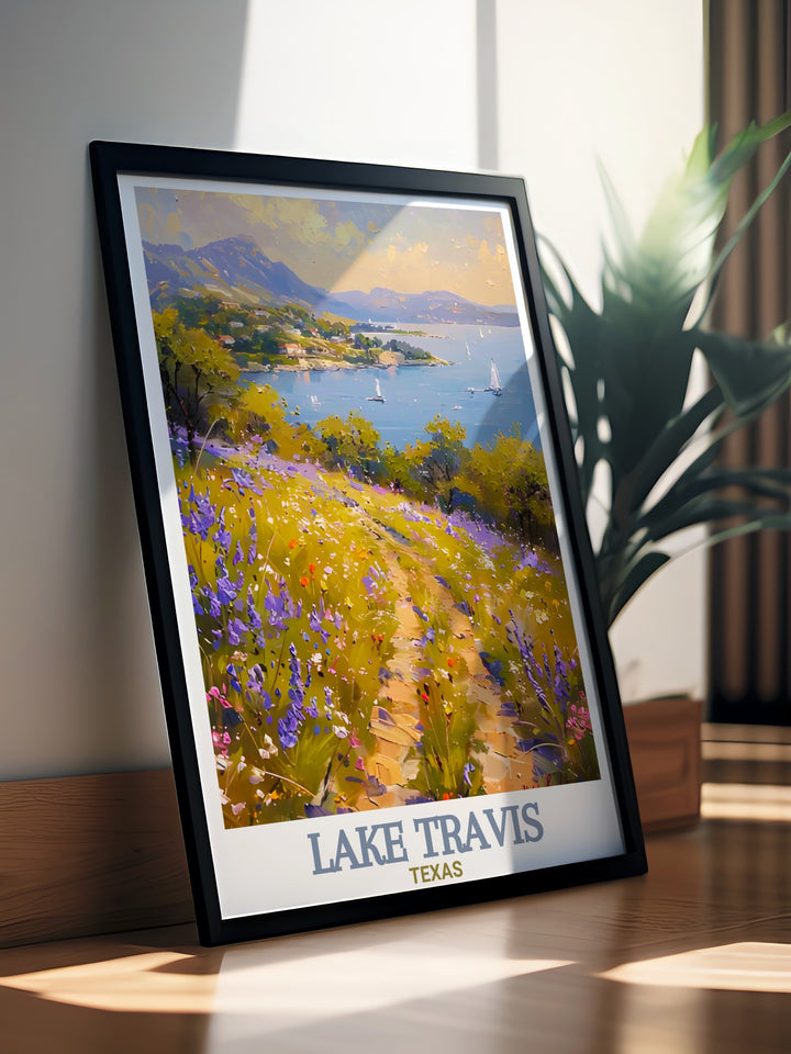 Celebrate the beauty of Texas with this Lake Travis travel poster. Ideal for home and office décor, it showcases the lakes scenic beauty, making it a great gift for art lovers and travelers.