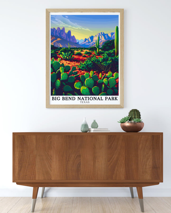 Chihuahuan Desert and Chisos Mountains in Big Bend Texas USA are captured in stunning detail in this modern art print offering a perfect blend of classic natural beauty and contemporary style for your home or office decor