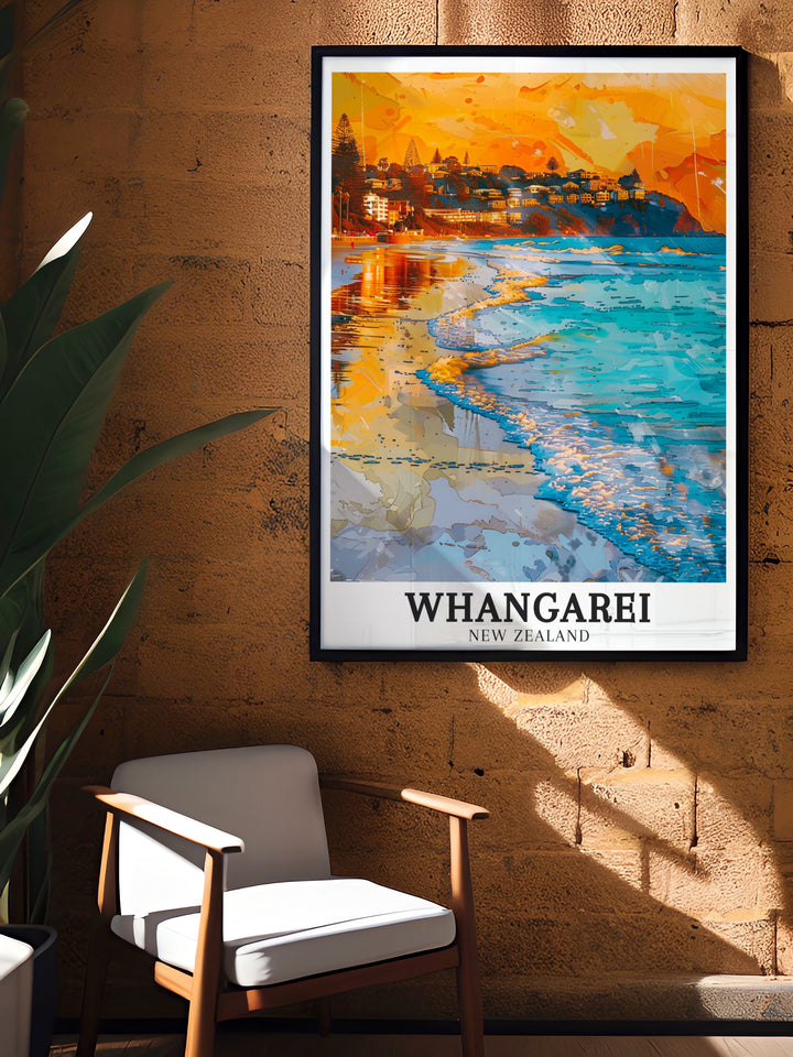 Whangarei Travel Print offering a detailed depiction of Whangareis natural landmarks, including the iconic Whangarei Falls and the serene Hatea River. This New Zealand wall art is a must have for anyone who cherishes the natural beauty and wilderness of New Zealand.