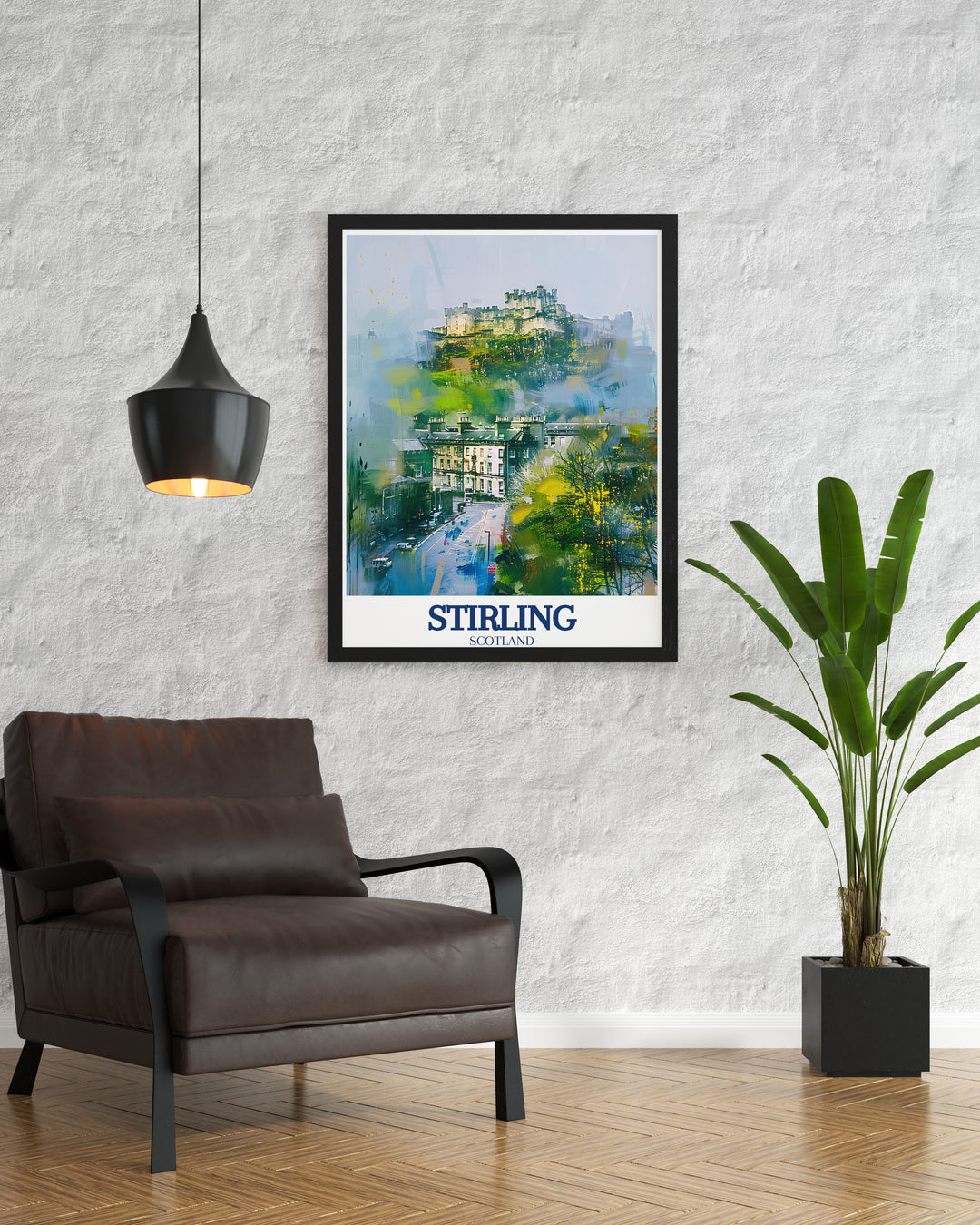 Our travel print of Stirling Castle and Stirling Hill showcases the majestic beauty of Scotlands most famous landmarks. The detailed illustration captures the essence of Scotlands history and landscape, perfect for adding elegance to your wall decor.