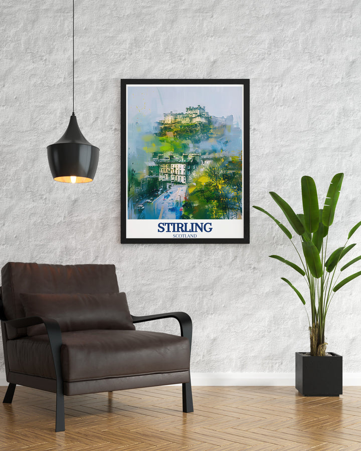 Our travel print of Stirling Castle and Stirling Hill showcases the majestic beauty of Scotlands most famous landmarks. The detailed illustration captures the essence of Scotlands history and landscape, perfect for adding elegance to your wall decor.