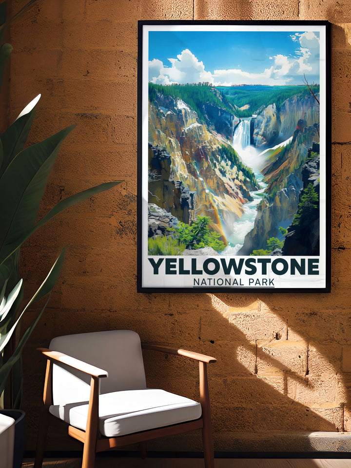 This framed art piece illustrates the dynamic scenery of Yellowstone Falls, showcasing the stunning waterfall that draws visitors from around the world. A unique addition to any art collection, this print embodies the spirit of exploration.