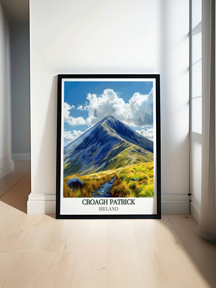 A stunning print of Croagh Patrick Summit in County Mayo Ireland showcasing the breathtaking landscape and spiritual significance of The Reek Ireland making it an ideal piece for Irish wall art and travel enthusiasts.
