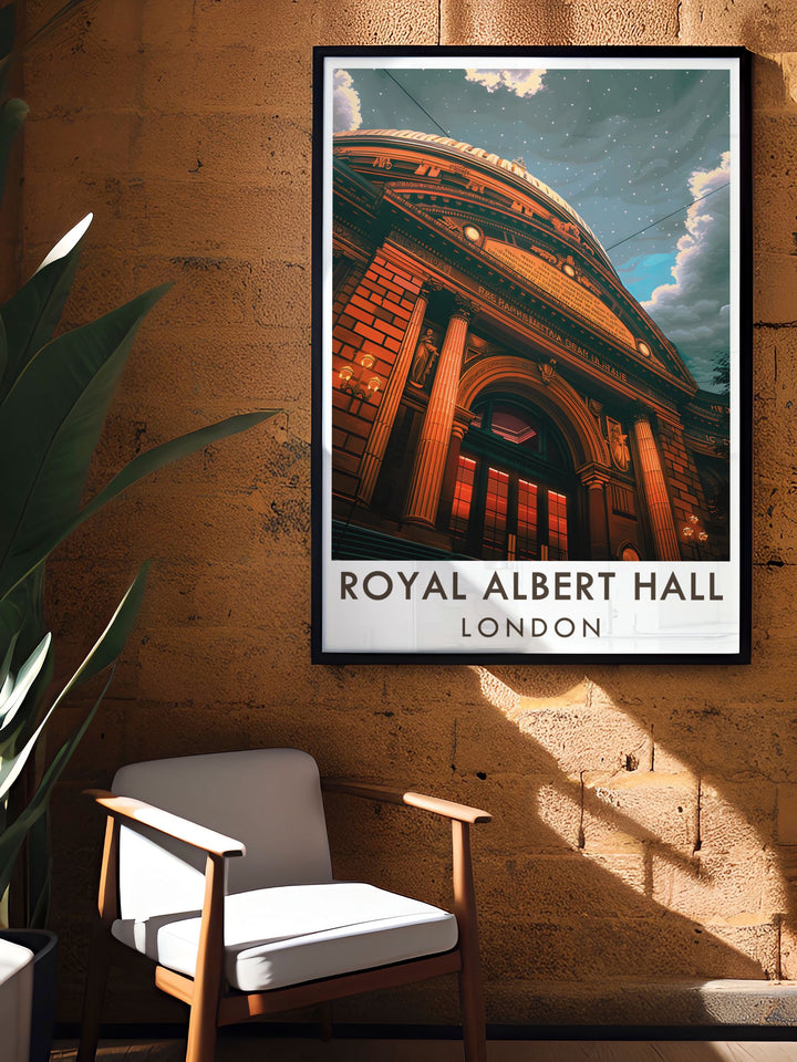 Royal Albert Hall poster ideal for London theatre enthusiasts and fans of iconic architecture makes a thoughtful and elegant gift showcasing the beauty of Kensington and the entrance of the hall