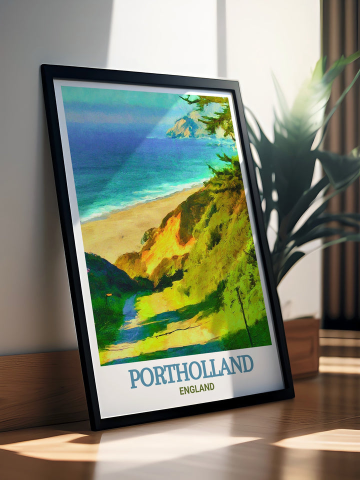 This travel print captures the timeless appeal of Portholland Beach in Cornwall, bringing the coastal charm of this tranquil location into your home. Ideal for any room that seeks to inspire daydreams of seaside escapes.